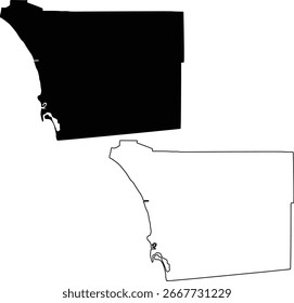 Map of San Diego County California USA Flat and Outline Design