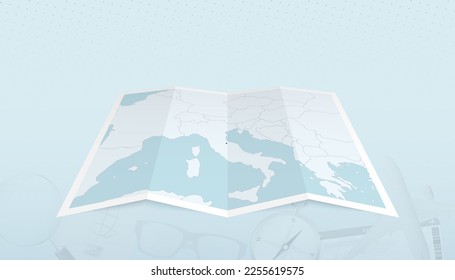 Map of San Marino with the flag of San Marino in the contour of the map on a trip abstract backdrop. Travel illustration.