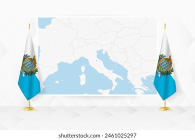 Map of San Marino and flags of San Marino on flag stand. Vector illustration for diplomacy meeting.