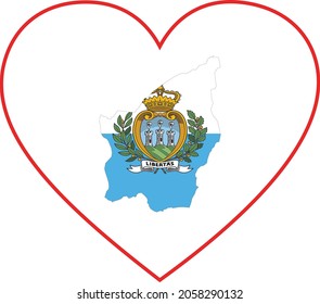Map of San Marino with national flag inside white heart shape with red stroke
