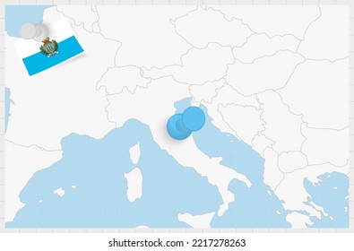 Map of San Marino with a pinned blue pin. Pinned flag of San Marino, vector illustration.