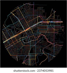 Map of SanAngelo, Texas with all major and minor roads, railways and waterways. Colorful line art on black background.