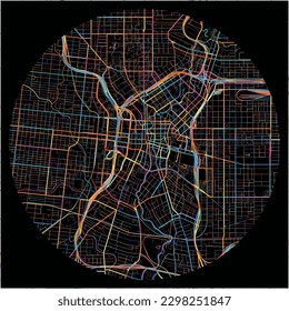Map of SanAntonio, Texas with all major and minor roads, railways and waterways. Colorful line art on black background.