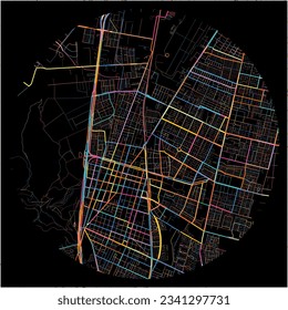 Mapa de San Bernardo con todas las carreteras principales y menores, vías férreas y vías fluviales. Coloridas líneas de arte sobre fondo negro.
