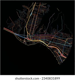 Map of SanBuenaventura, California with all major and minor roads, railways and waterways. Colorful line art on black background.