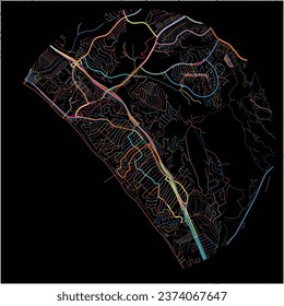 Map of SanClemente, California with all major and minor roads, railways and waterways. Colorful line art on black background.