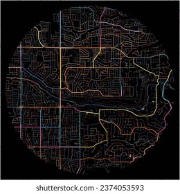 Map of Sandy, Utah with all major and minor roads, railways and waterways. Colorful line art on black background.