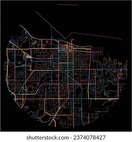 Map of Sanford, Florida with all major and minor roads, railways and waterways. Colorful line art on black background.