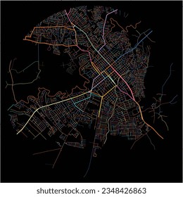 Map of SanFranciscodeMacoris, Duarte with all major and minor roads, railways and waterways. Colorful line art on black background.