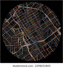 Map of SanJose, California with all major and minor roads, railways and waterways. Colorful line art on black background.