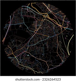 Map of SanktAugustin, North Rhine-Westphalia with all major and minor roads, railways and waterways. Colorful line art on black background.