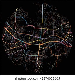 Map of SanMarcos, California with all major and minor roads, railways and waterways. Colorful line art on black background.