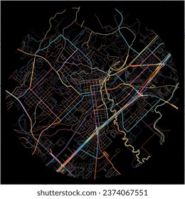 Map of SanMarcos, Texas with all major and minor roads, railways and waterways. Colorful line art on black background.