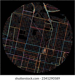 Map of SanMigueldeTucuman with all major and minor roads, railways and waterways. Colorful line art on black background.