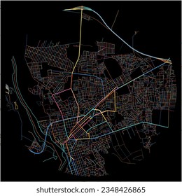 Karte von San Pedrode Macoris, San Pedro de Macorís mit allen wichtigen und kleineren Straßen, Eisenbahnen und Wasserstraßen. Farbige Linienkunst auf schwarzem Hintergrund.