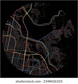 Mapa de San Pedro Sula, Cortés con todas las carreteras principales y menores, vías férreas y vías fluviales. Coloridas líneas de arte sobre fondo negro.