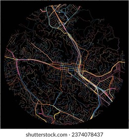 Map of SanRafael, California with all major and minor roads, railways and waterways. Colorful line art on black background.