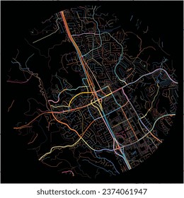 Map of SanRamon, California with all major and minor roads, railways and waterways. Colorful line art on black background.