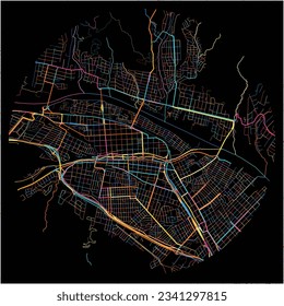 Map of SanSalvadordeJujuy with all major and minor roads, railways and waterways. Colorful line art on black background.