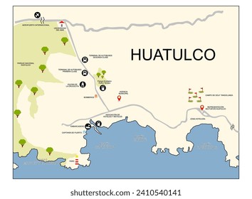 Map of Santa María de Huatulco, from the center and shows some bays that are part of the state of Oaxaca, Mexico