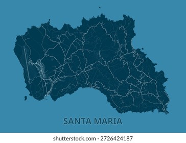 Mapa da Ilha de Santa Maria, apresentado numa paleta azul monocromática. A forma da ilha é claramente definida, com litorais intrincados e características topográficas.