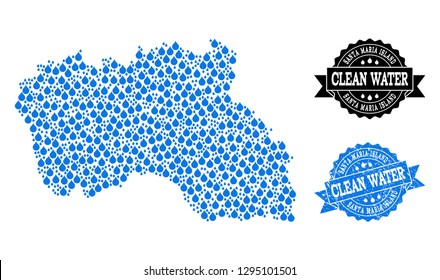 Map of Santa Maria Island vector mosaic and clean water grunge stamp. Map of Santa Maria Island designed with blue water drops. Seal with grunge rubber texture for natural drinking water.