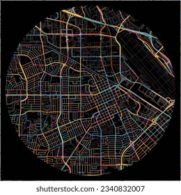 Map of SantaClara, California with all major and minor roads, railways and waterways. Colorful line art on black background.