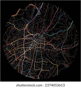 Map of SantaFe, New Mexico with all major and minor roads, railways and waterways. Colorful line art on black background.