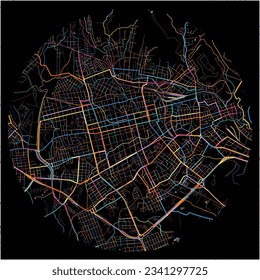 Map of SantaMaria with all major and minor roads, railways and waterways. Colorful line art on black background.
