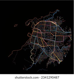 Map of SantaMarta with all major and minor roads, railways and waterways. Colorful line art on black background.
