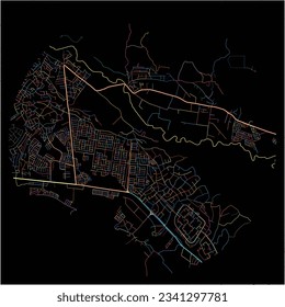 Map of SantaTeresadelTuy with all major and minor roads, railways and waterways. Colorful line art on black background.