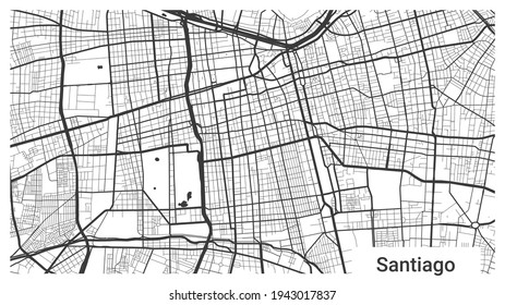 Map of Santiago city, Chile. Horizontal background map poster black and white land, streets and rivers. 1920 1080 proportions. Royalty free grayscale graphic vector illustration.