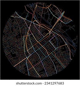 Map of SantiagodelEstero with all major and minor roads, railways and waterways. Colorful line art on black background.