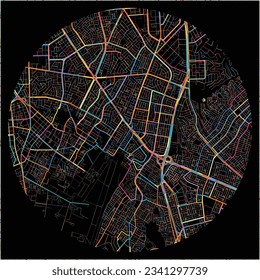 Map of SantiagodeSurco with all major and minor roads, railways and waterways. Colorful line art on black background.