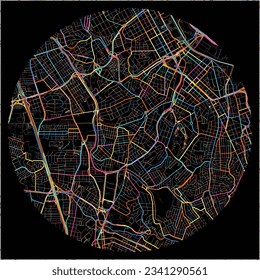 Map of SantoAndre with all major and minor roads, railways and waterways. Colorful line art on black background.