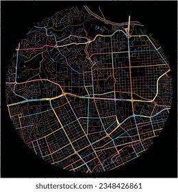 Map of SantoDomingo, Distrito Nacional with all major and minor roads, railways and waterways. Colorful line art on black background.