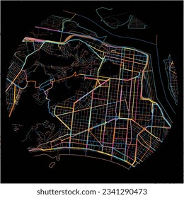 Map of Santos with all major and minor roads, railways and waterways. Colorful line art on black background.