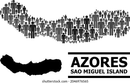 Map of Sao Miguel Island for demographics posters. Vector demographics mosaic. Mosaic map of Sao Miguel Island organized of person items. Demographic scheme in dark gray color tints.