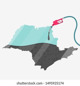 Map of Sao Paulo being fueled by oil. Gas pump fueled map. On the map there is glass reflection. Brazilian state. Conceptual. Oil producing or importing regions.