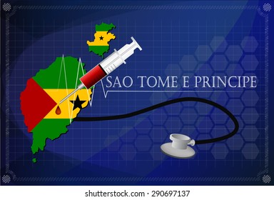 Map of Sao Tome e Principe  with Stethoscope and syringe.