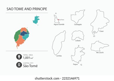 Map of Sao Tome and Principe with detailed country map. Map elements of cities, total areas and capital.