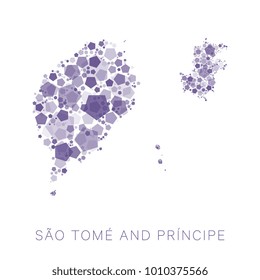 map of Sao Tome and Principe filled with abstract mosaic of purple pentagons of different sizes and degrees of transparency with name of the country on white background