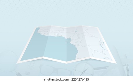 Map of Sao Tome and Principe with the flag of Sao Tome and Principe in the contour of the map on a trip abstract backdrop. Travel illustration.