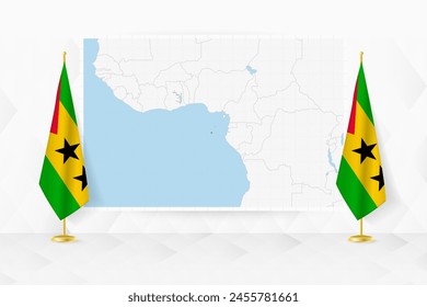 Map of Sao Tome and Principe and flags of Sao Tome and Principe on flag stand. Vector illustration for diplomacy meeting.