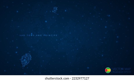 Map of Sao Tome and Principe modern design with polygonal shapes on dark blue background. Business wireframe mesh spheres from flying debris. Blue structure style vector illustration concept.