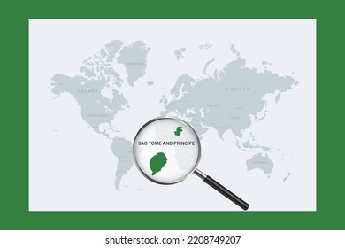 Map of Sao Tome and Principe on political world map with magnifying glass
