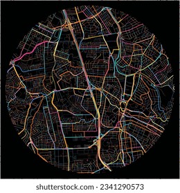 Map of SaoBernardodoCampo with all major and minor roads, railways and waterways. Colorful line art on black background.