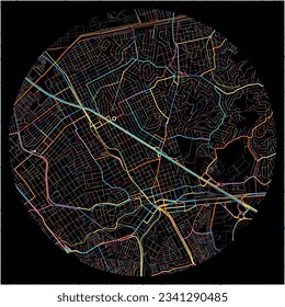 Map of SaoJoaodeMeriti with all major and minor roads, railways and waterways. Colorful line art on black background.