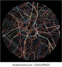 Map of SaoPaulo with all major and minor roads, railways and waterways. Colorful line art on black background.