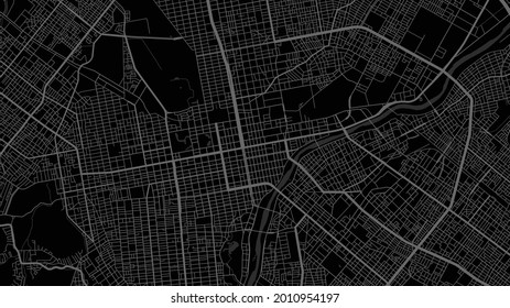 Map of Sapporo city, Japan. Horizontal background map poster dark black land, streets and rivers. 1920 1080 proportions. Royalty free grayscale graphic vector illustration.